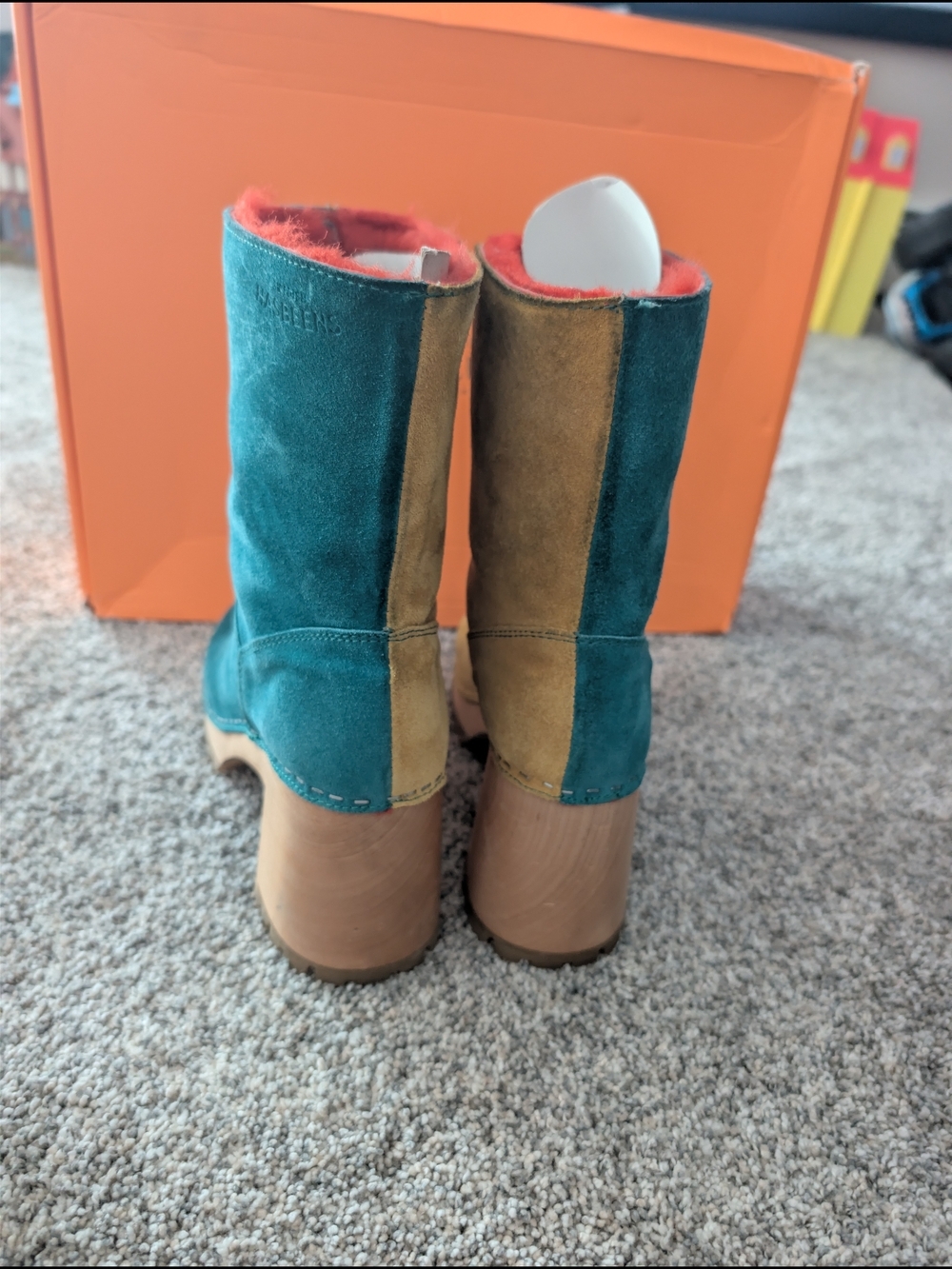 Swedish Hasbeens Two Tone Suede Clog Boots Teal Yellow Peacock Topazio NIB 38 - Picture 5 of 9